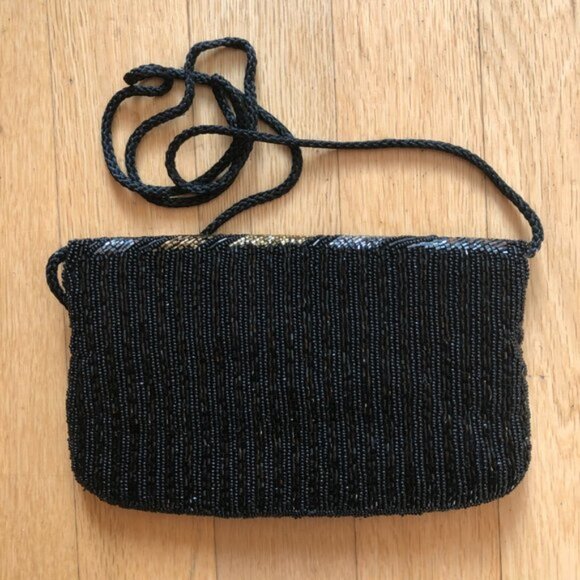 Vintage Metallic Beaded Scalloped Edge Shoulder Clutch Evening Bag - Picture 3 of 5